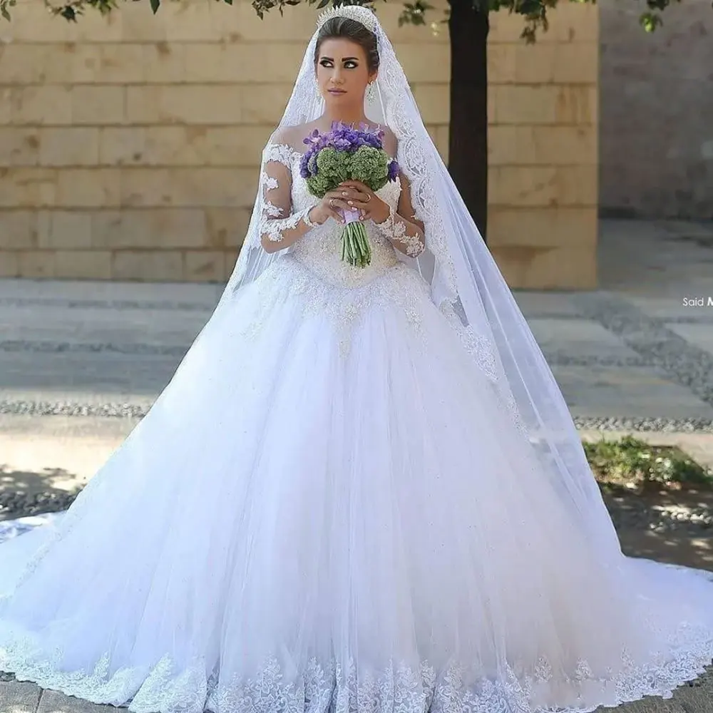 Vestidos de baile de princesa árabe Dubai, pescoço puro, aplique de renda, manga comprida, vestido de noiva formal, 2022