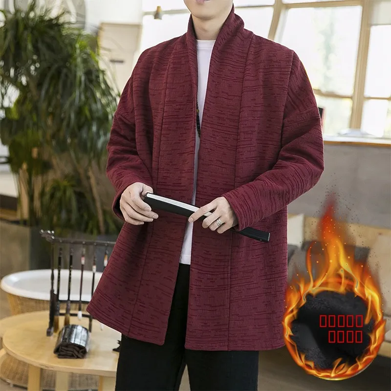 

Winter Zen Meditation Layman's Long Cardigan Fce Lined Warmth awl Coat Men's Youth Ethnic Retro Tang Suit Casual Sle