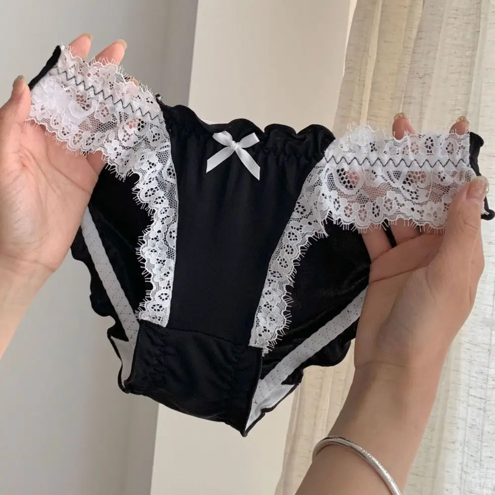 

Fashion Bowknot Decor Women Panties Hollow Mesh Lace Ruffle Briefs Lingerie Cotton Crotch Ultra-thin Underwear