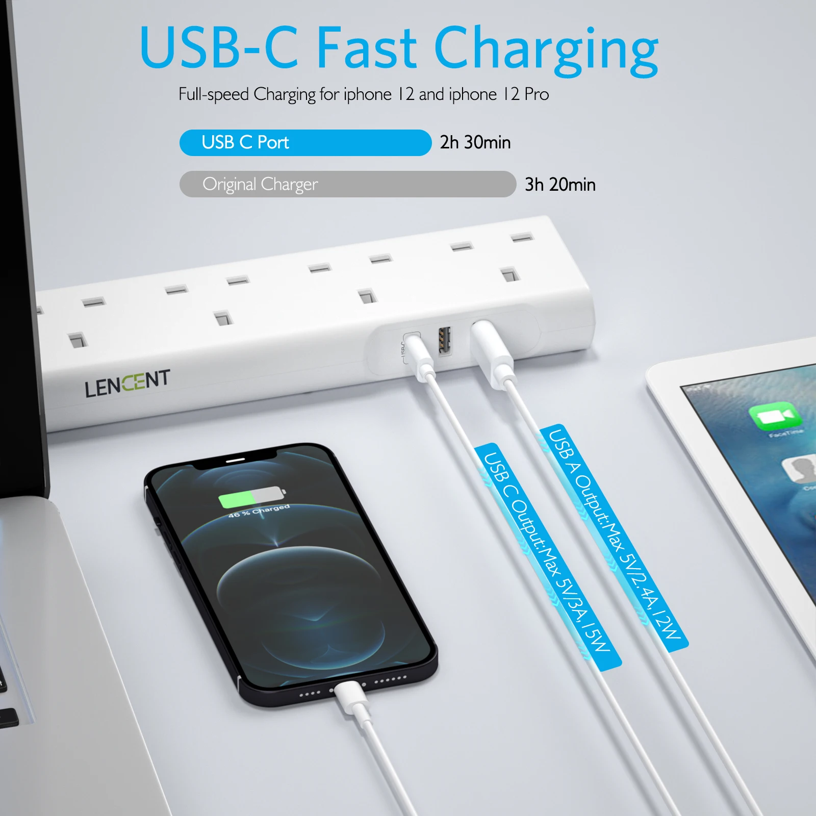Сетевой удлинитель LENCENT с 6 розетками переменного тока, 2 USB-порта, 1 Type-C, удлинитель с плетеным удлинителем длиной 1,8 м для дома и офиса
