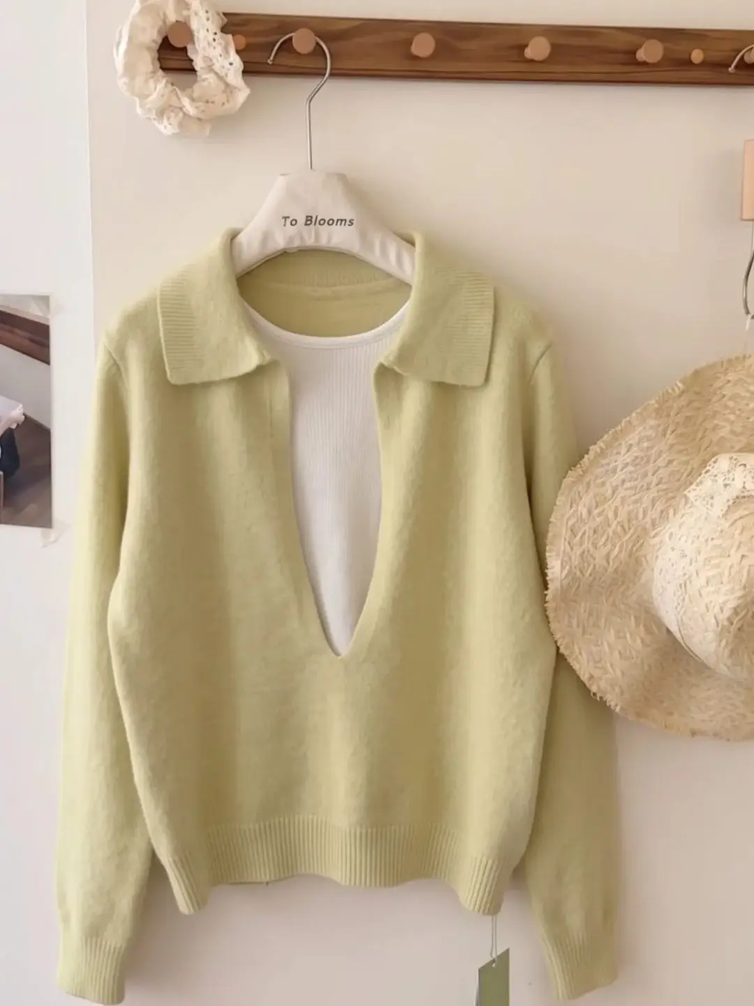 Loose Fit Long Sleeve Knitted Sweater Women's  Collar Patchwork Yellow Autumn Winter Casual Style Fleece Lined Top