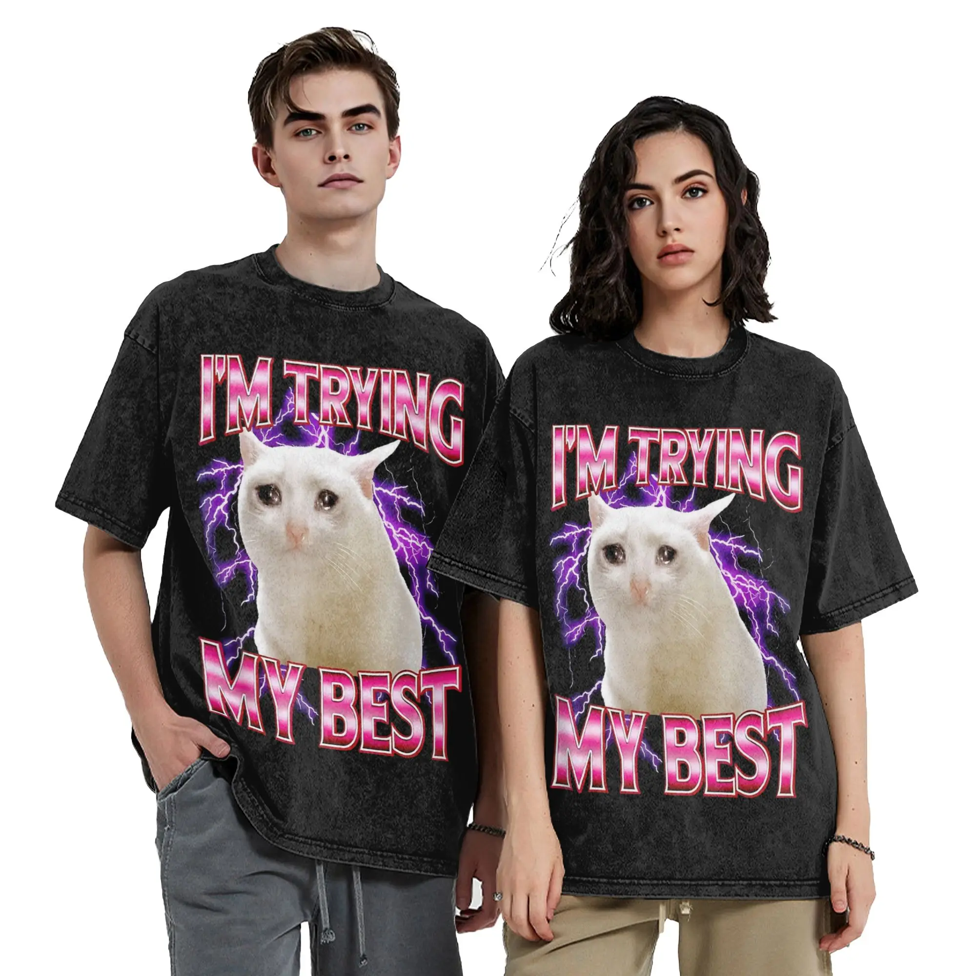 Washed T Shirts I'm Trying My Best Cat meme Hip Hop Vintage T-Shirts Harajuku Streetwear Summer Tops Tees Men Women