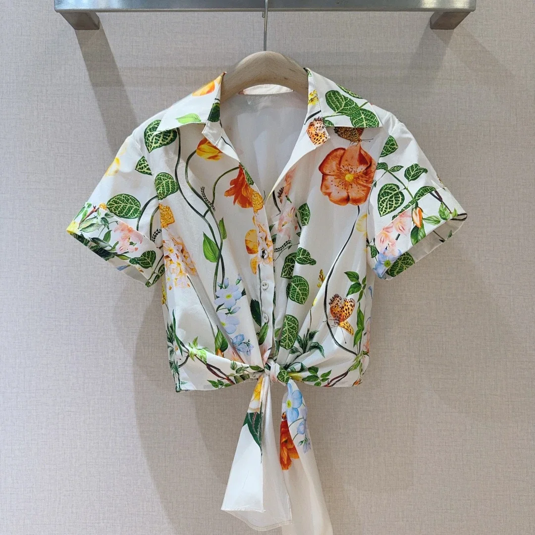 

White Green Floral Print Short Sleeve Blouse and Skirt Set 2025 New