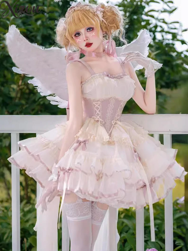 Lolita Princess Style Short Suspender Dress Femme Cute Sweet JSK Above Knee Mini Kawaii Elegant Dresses for Women Summer