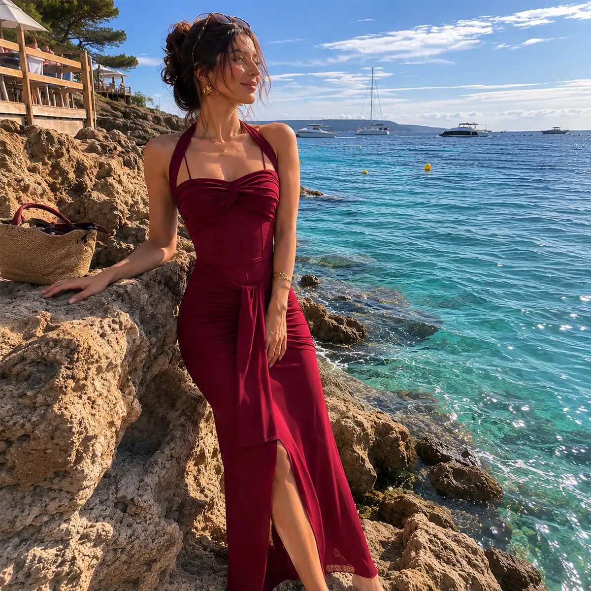 Vestido de Noite Halter Borgonha Feminino Elegante com Drapeado Maxi Sem Mangas Fenda Alta Vestido Formal para Convidada de Casamento e Festa