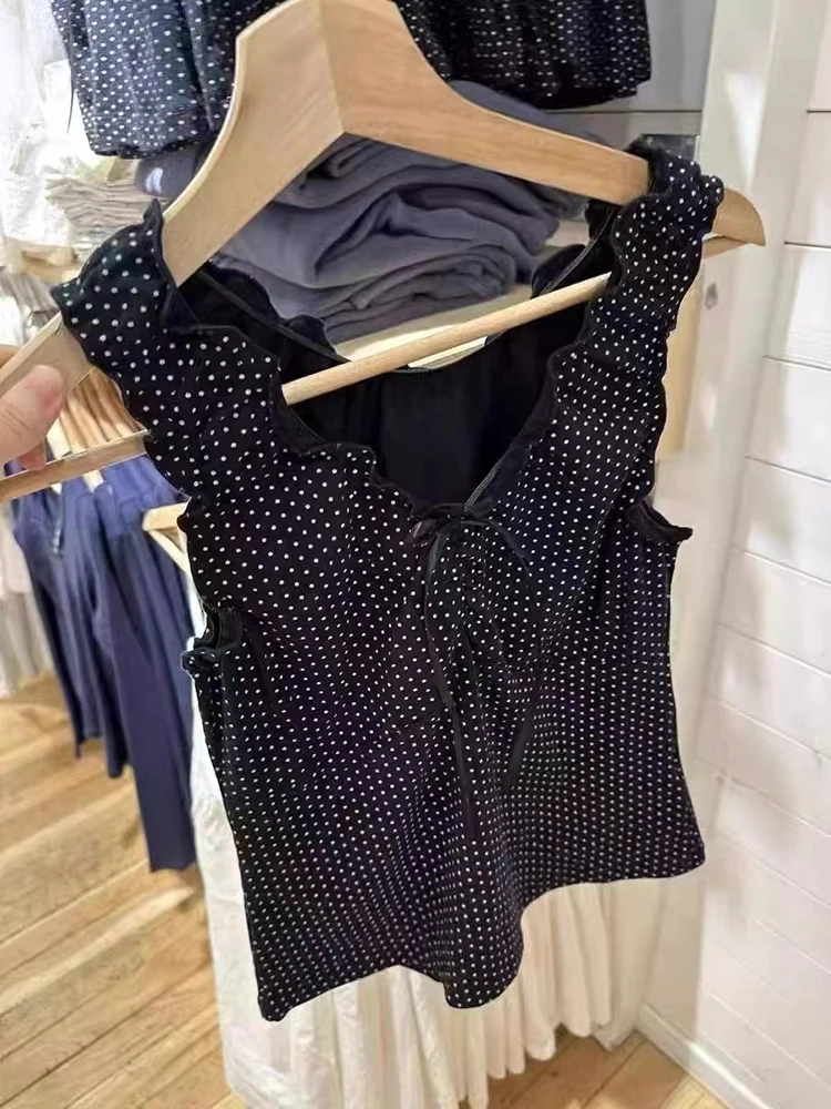 2024 nowa czarna kamizelka z kokardką w kropki damska letnia uszy szelki TankTop słodka plisowana Y2K modny top bez rękawów — zdjęcie 4