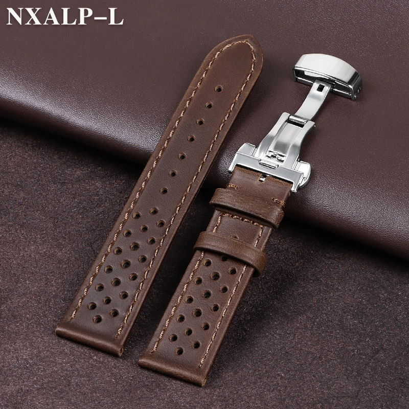 Breathable Cowhide Watch Strap 18mm 20mm 22mm Matte&Oil Wax Band Butterfly Buckle Men Women Universal Bracelet Accessories