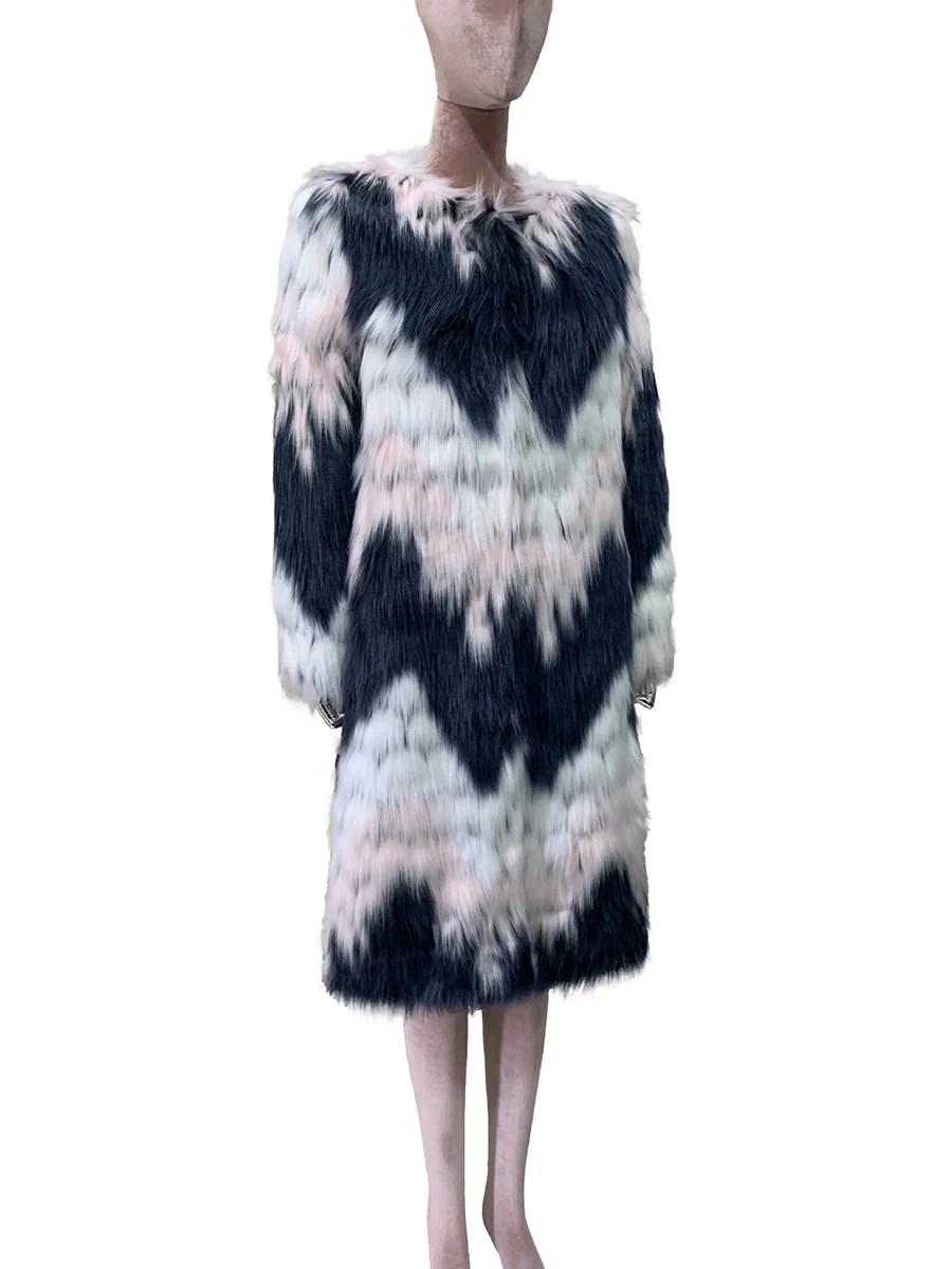 

Autumn Winter Long Gradual Thick Warm Hairy Colorful Mulitcolored Fluffy Faux Fox Fur Coat Women Chic Luxury Furry Overcoat 2025