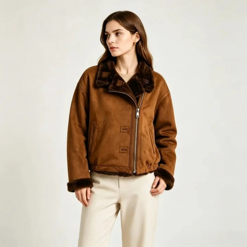 Double Breasted Fleece Jacket for Women Winter 2026 Fashionable French Style Elegant Casual Versatile Fur Leather One-piece Top