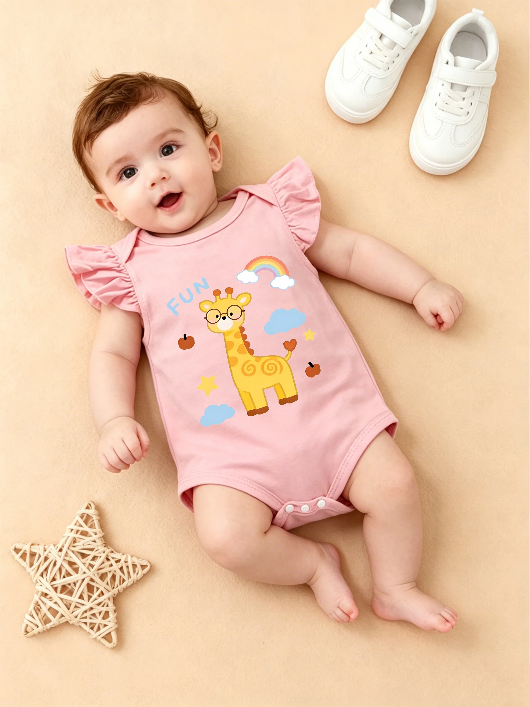 Ein Muss für Kleinkinder! Zweifarbiger Giraffen-Print Baby-Body mit Rüschenärmeln, Lässiger Spaß-Strampler