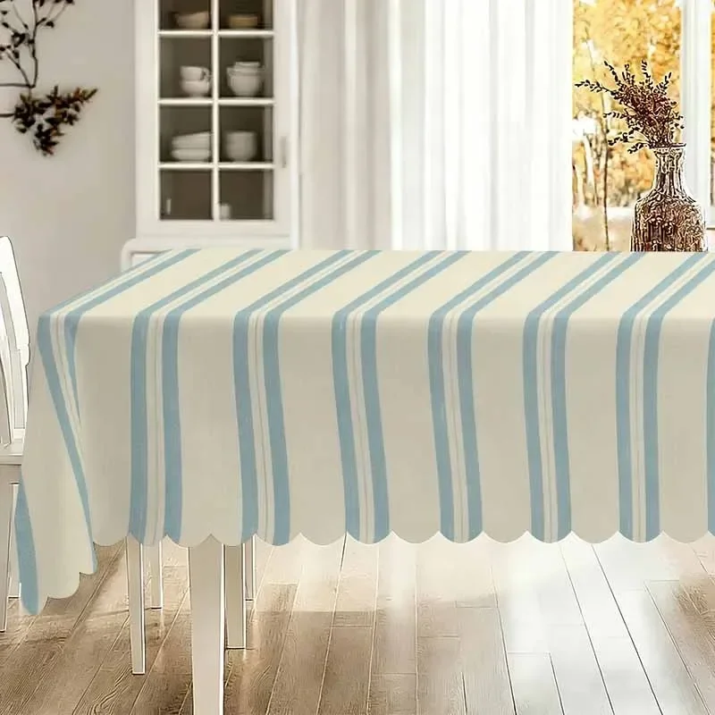 One blue striped tablecloth | Polyester material, machine washable.With ruffled edge design.yzb