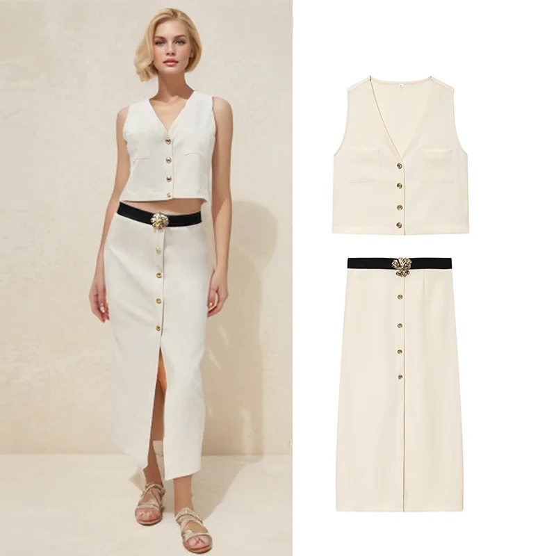 

Women's Sets Summer 2025 New Suits Elegant Slim V-neck High Waist Skirts Sets Chic Women's Youth Travel Holiday Fashion 2-piece