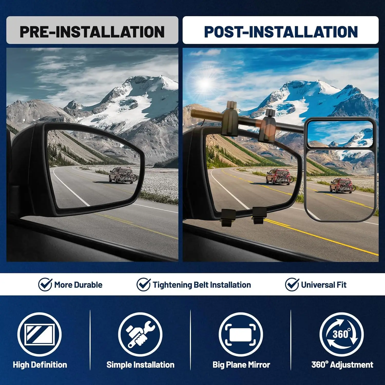 زوج واحد من مرايا الرؤية الخلفية Rv العالمية مع رؤية خلفية مساعدة مزدوجة 360 ° دوارة متعددة الزوايا مناسبة للسيارات وسيارات الدفع الرباعي والشاحنات #3