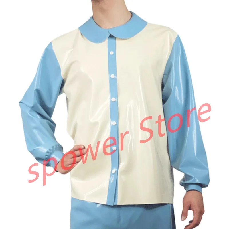 

100% Handmade Latex Top Sky Blue Rubber Shirt Fetish Customize for Women Fashion Cosplay Costume