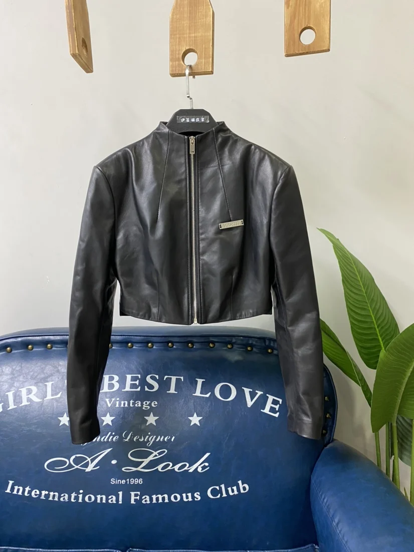 Trendy hoge taille rits echt leer motorfiets Jaet dames oulderpad Super ort eepskin jas Jaet