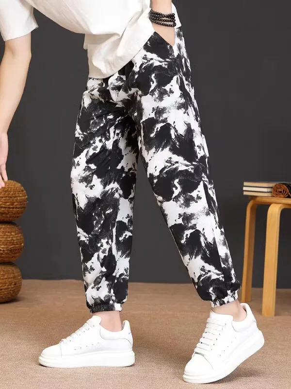 

Летние тонкие мужские брюки-фонарики из ледяного шелка, модные камуфляжные повседневные брюки длиной до щиколотки, дышащие, свободного кроя