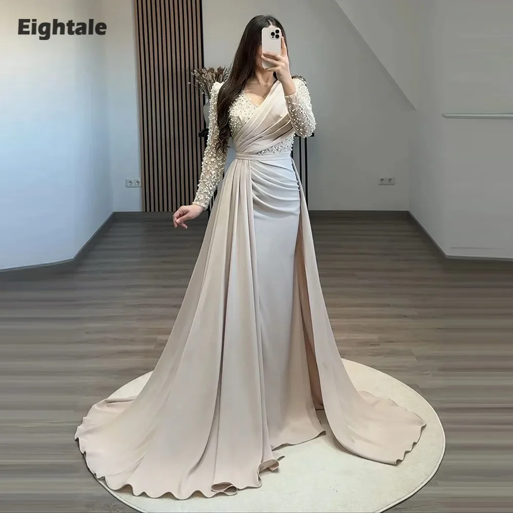 

Eightale Arabic Evening Dress Muslim Prom Gown Customized V-Neck Long Sleeves Champagne Wedding Party Dress Robes De Soirée