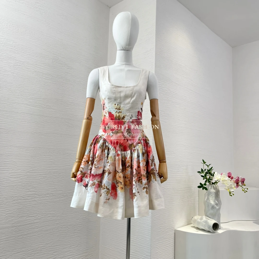 

Linen 2025 Summer High Quality New Sleeveless White A-line Cut Out Floral Print Pleats Women Mini Dress