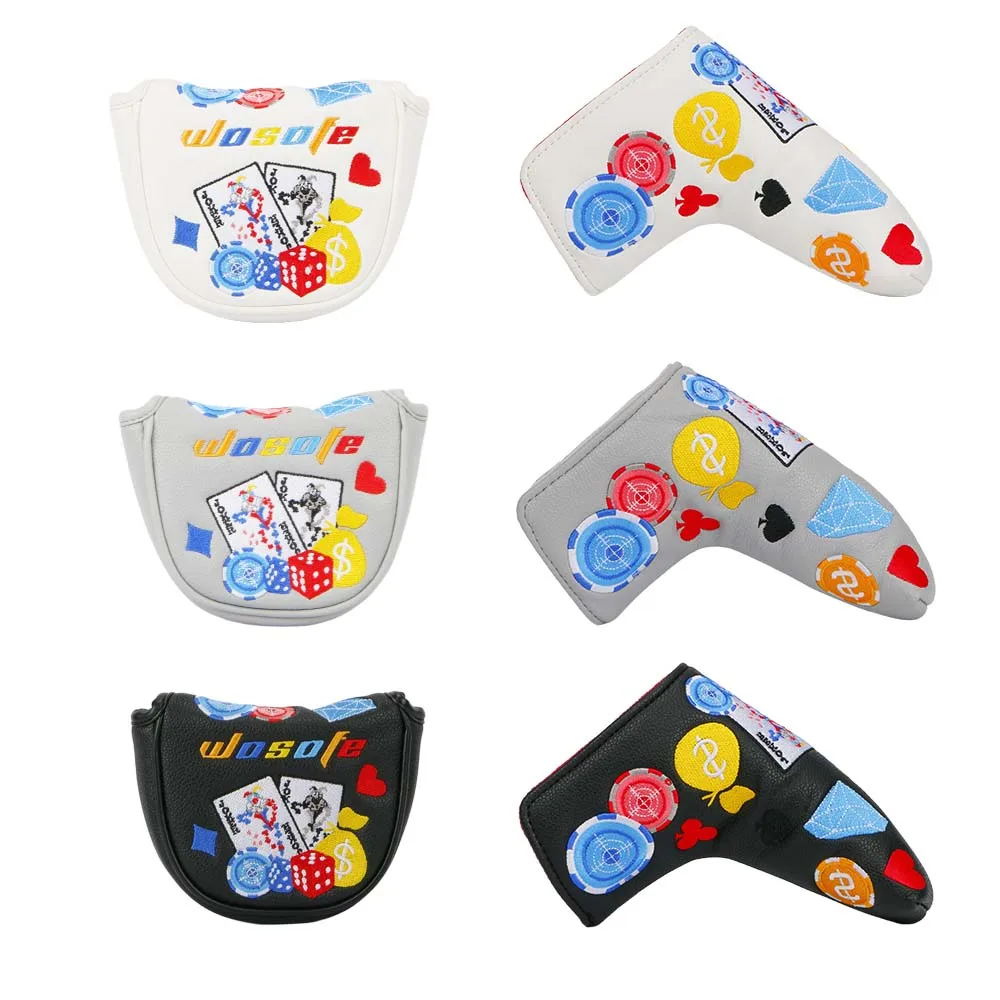 1pc Golf Putter Headcover Durable PU leather ,Poker Pattern with Magnetic Closure ,Black or Grey Color,Fits for Mallet or Blade