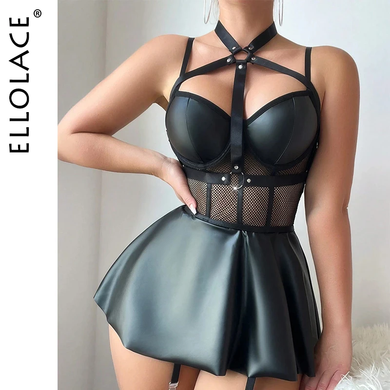 Ellolace مثير الكبار الإناث فستان قصير الوثن اللاتكس شبكة الربط النساء الملابس الداخلية 4 قطعة مجموعة غير خاضعة للرقابة المثيرة الساخن السيدات وتتسابق