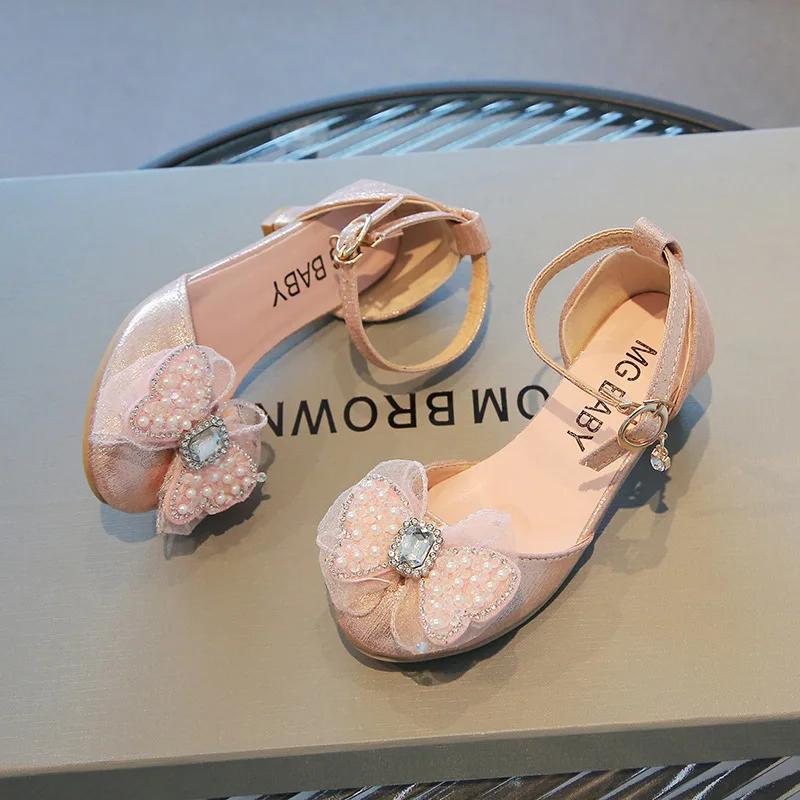 Child Shoes Girl Pearl Leather Shoe New Cute Princess Shoe Rhinestones Girl Sandals Bow Tie Mary Jane Shoe Kid High Heels Zapato