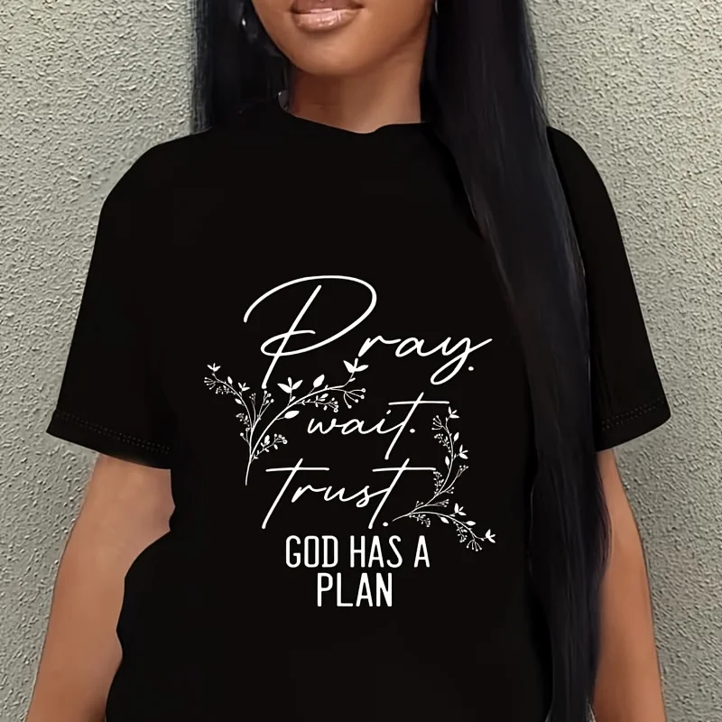 Inspiring Saying Pray Wait Trust God Has a Plan Christian Women's Plus Size T-Shirt 100% Cotton 220g