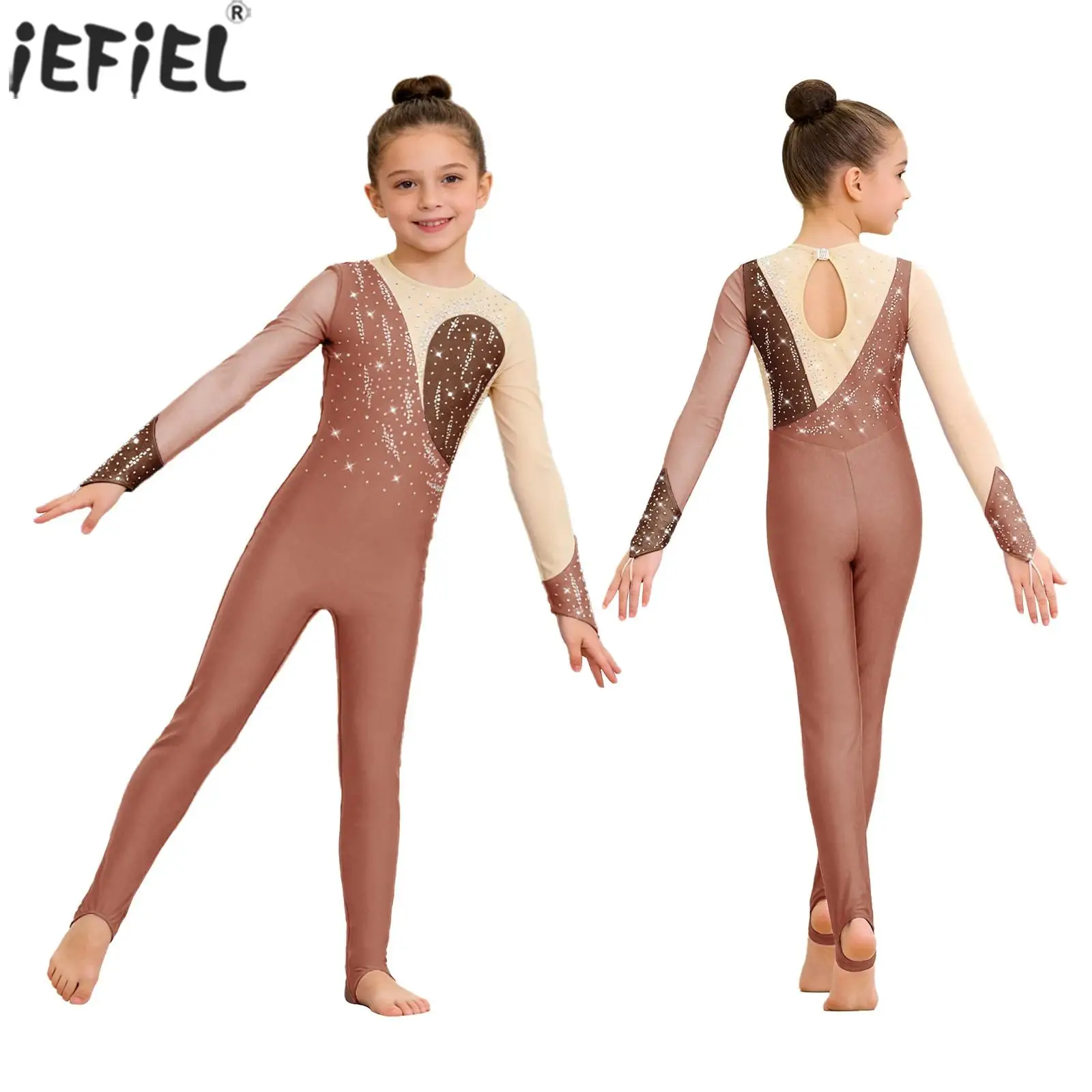 Kids Girls Shiny Rhinestones Gymnastic Leotard Long Sleeves Mesh Stirrup Jumpsuit Figure Skating Acrobatics Ballet Dance Unitard