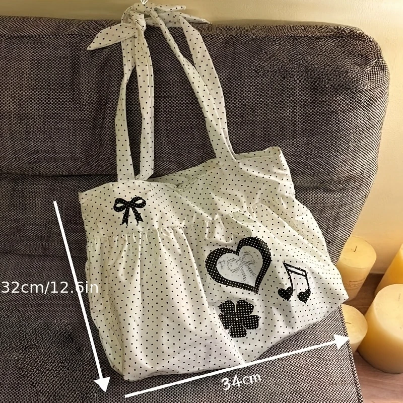 Cute and Versatile Polka Dot Heart Patterned Dress, Large Capacity Tote Bag, Single Shoulder Commuter Bag, Full of Girlish Charm