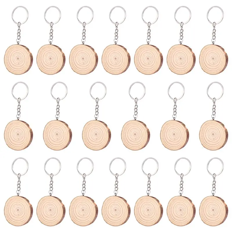 Solid 20 Pack Unfinished Wood Slices Keychain Blank Hand-Painted Wooden Keychain Creative Christmas Pendant DIY Wood Keychain