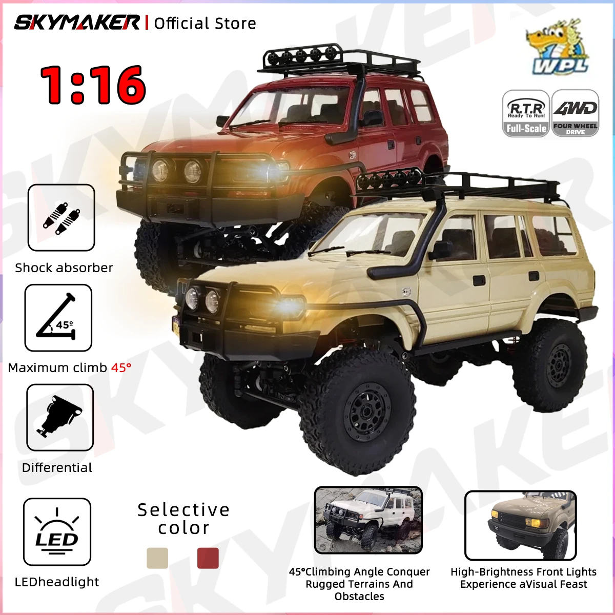 WPL C54 C54-1 1/16 RC Car LC80 Model 2.4G 4WD Off Road Remote Control LED Climbing RC Truck Electric Toy Car Gift for Boy