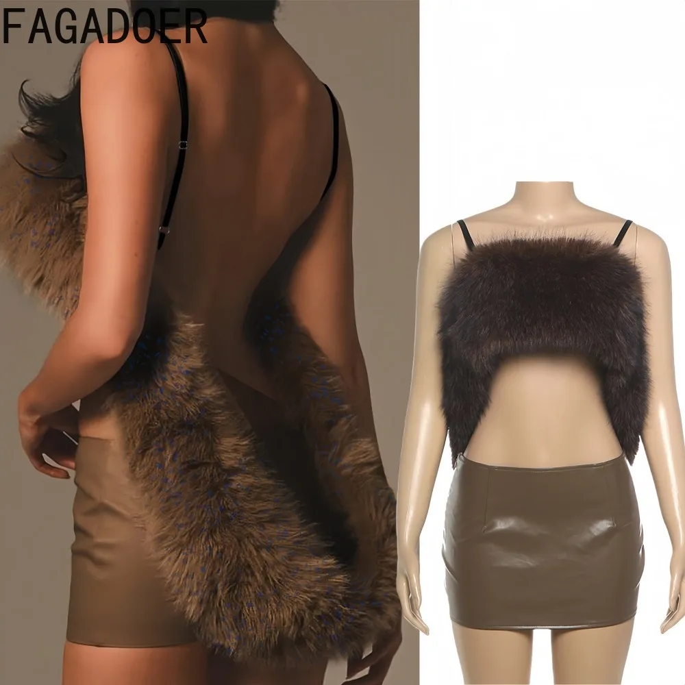 

FAGADOER Winter Sexy Fur Patchwork Two Piece Outfits Woman Spaghetti Strap Backless Crop Top + Leather Skirt Female Streetwear