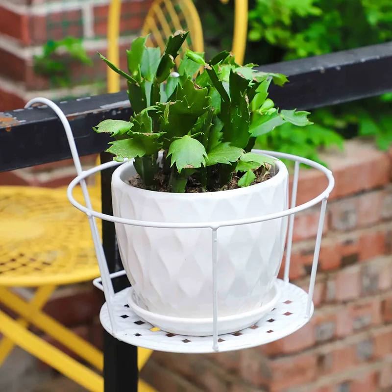 1PC Flower Pot Balcony Hanging Plant Racks Round Iron Art Hanging Baskets Railing Fence Outdoor Window Bonsai Stand Decoration