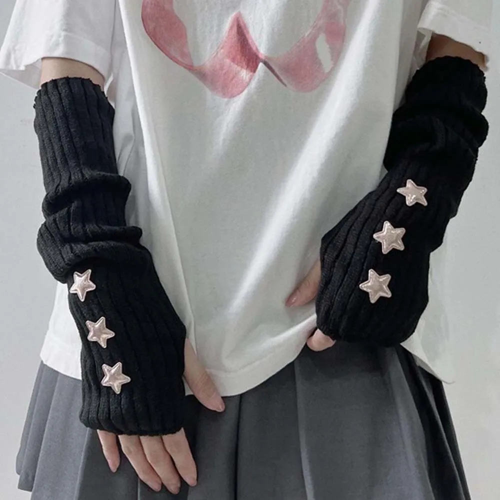 Elastic Knitted Fingerless Sleeves Solid Color Gothic Y2K Star Arm Cover Cool Hip-hop Warmer Long Cuff Autumn