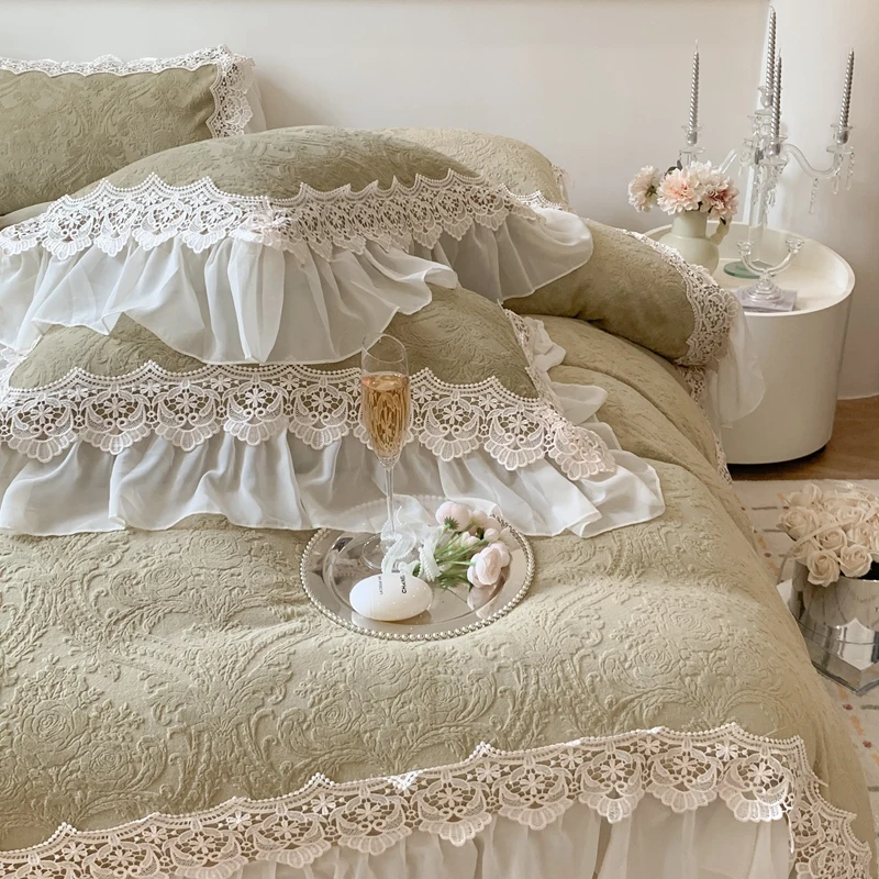 Vintage French Double Layer Lace Ruffles Carved Velvet Bedding Set, Furry Warm Duvet Cover, Flat/Fitted Bed Sheet, Pillowcases