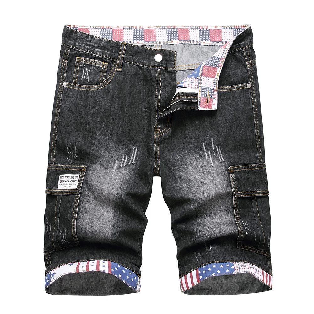 남성용 멀티 포켓 카고 데님 반바지, 미국 국기 별 줄무늬 롤업 밑단 청바지, 플러스 사이즈 큰 무릎 길이 바지, 여름