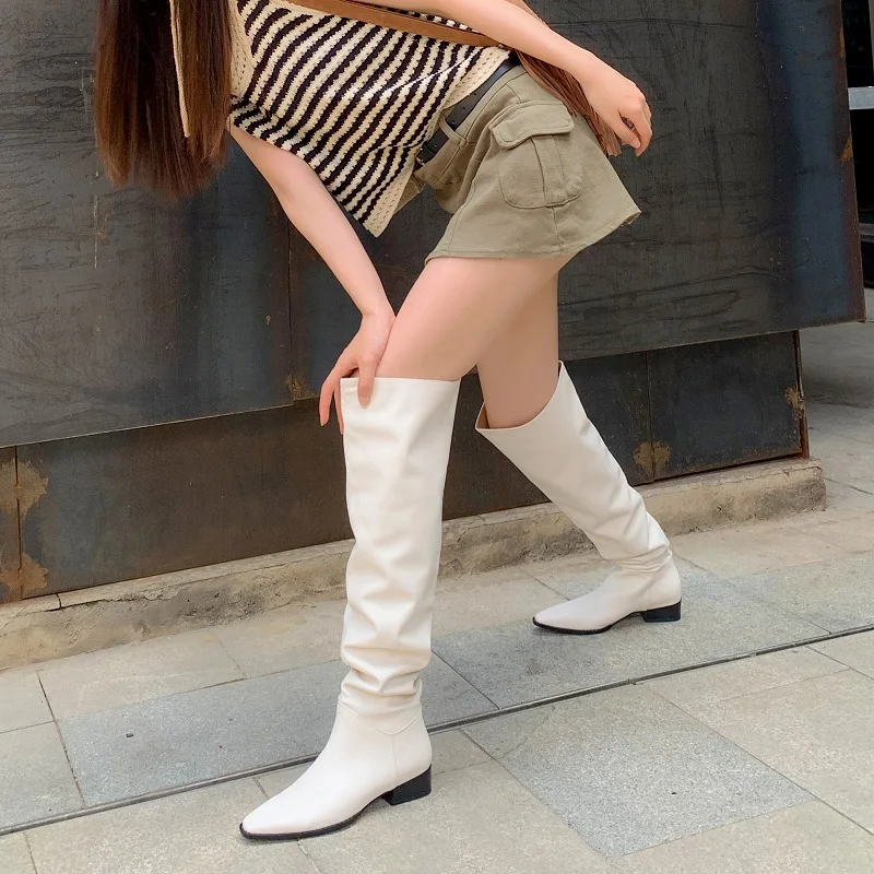 Hot Girls Knee- High Boots Slip On Simple Pleated Microfiber Winter Botas Big Girth Spring Autumn Modern Woman Boots Size 43