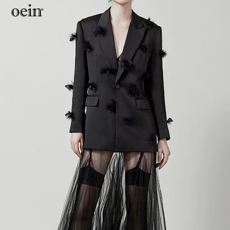 [oein] Fashion trend design sense Blazer women's autumn new style beaded feather commuting waist closing suit top