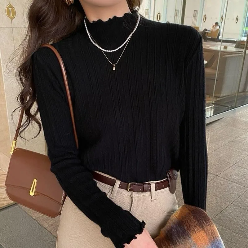 

Autumn Winter Solid Color Slim Half High Neck Black Fungus Edge Pullover Sweater New Simple Versatile Knitted Base Sweater Women