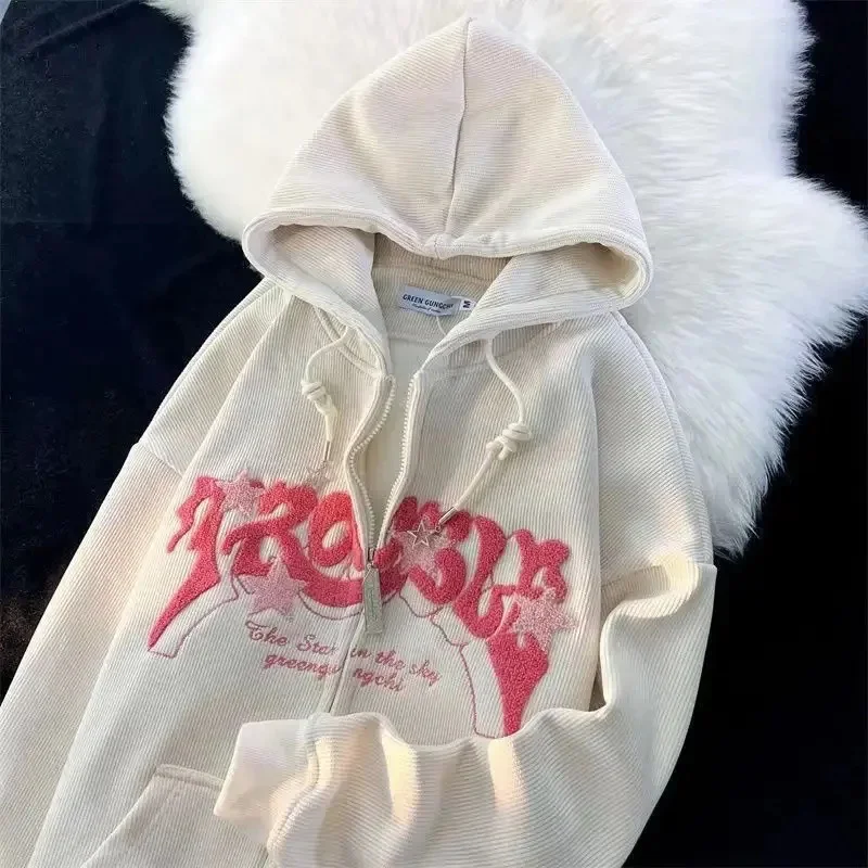 Women Letter Printed Hoodies Autumn Vintage Zip Up Loose Hooded Sweatshirts Harajuku Y2K Long Sleeve Jacket Clothes