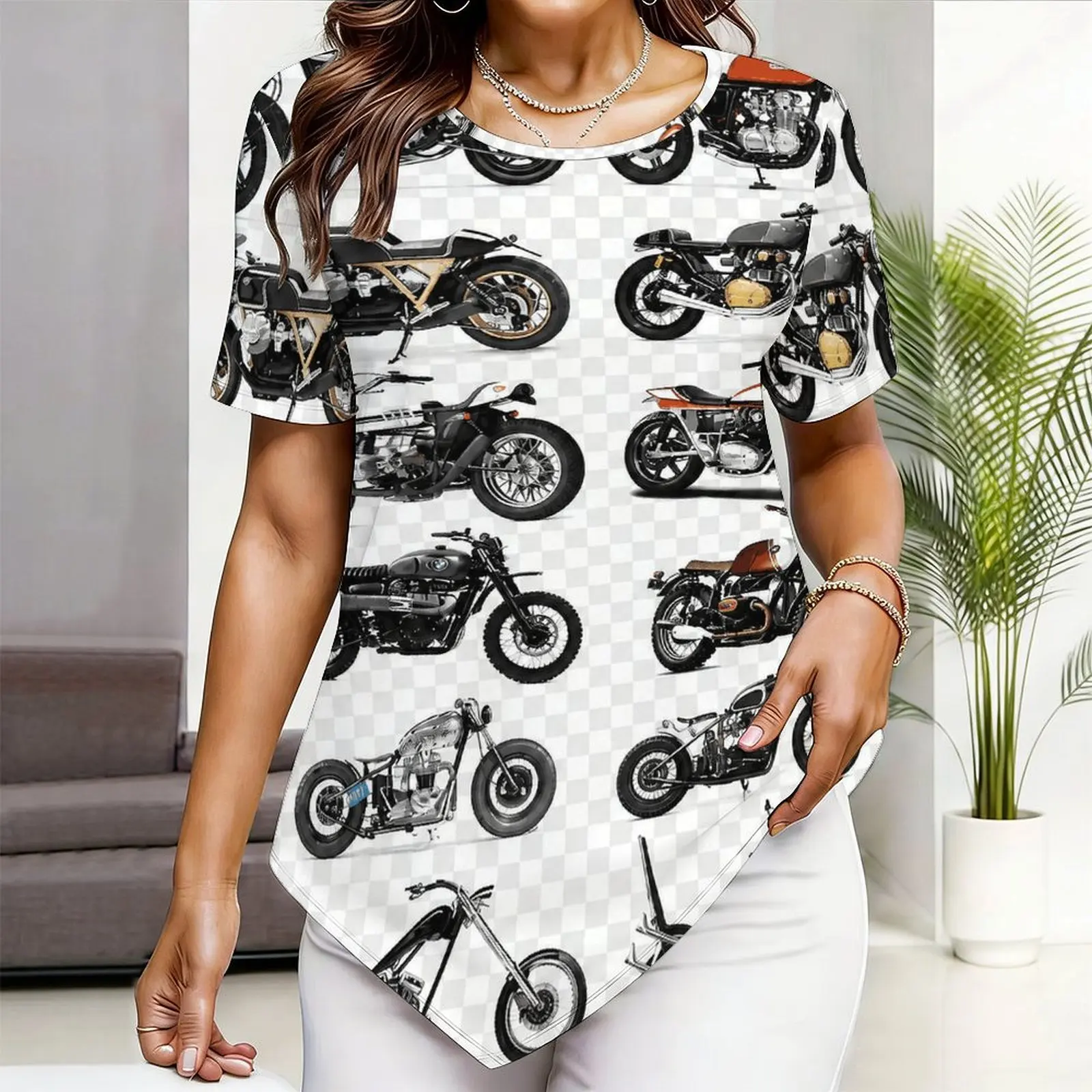 Printed Top for Women Round Neck Short Sleeve Pointed Hem