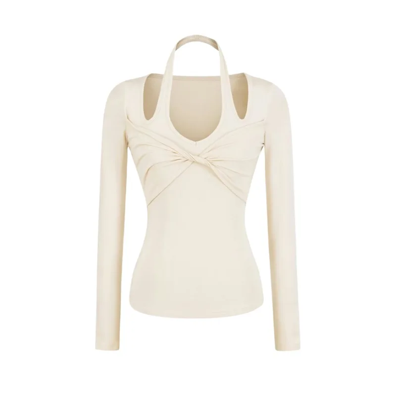 Women's Long-sleeve T-shirt With Chest Twist And Hollow-out Halter Neck Pure Desire Style Sexy Slim-fitting Stretchy Top B17H