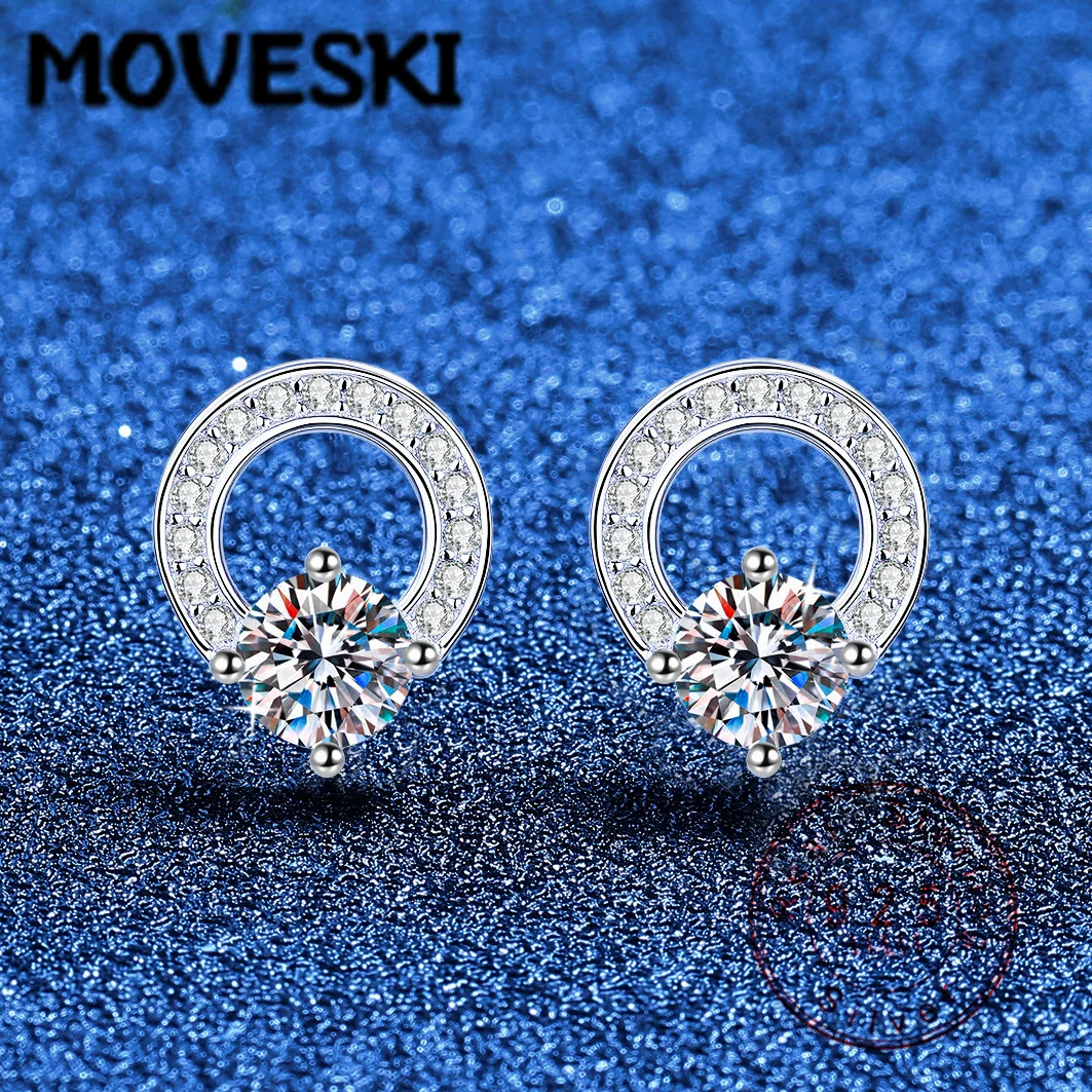 

925 Sterling Silver Moissanite Stud Earrings for Women Circle Halo Design Sparkling Fine Jewelry Wedding Party Gift