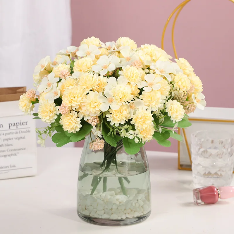 Ramo de flores artificiales para decoración del hogar, hortensias de seda rosa de imitación, diente de león, flores de boda, peonías de plástico, blancas