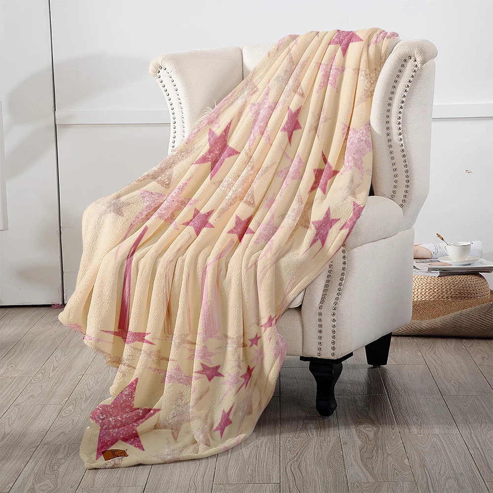 Cream Pink Glitter Stars Warm Flannel Fleece Blanket Thick Soft Cozy Throw Blanket for Winter Bed Couch Plush Bedspread