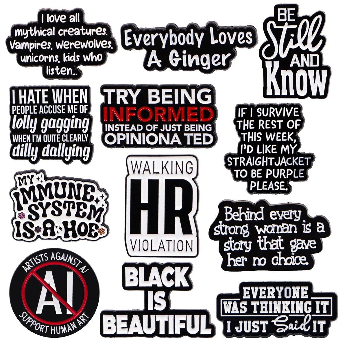 Quote Phrase Word Enamel Pin Black and White Brooches For Women Lapel Pins Badge on Backpack Accessories Fashion Jewelry Gifts