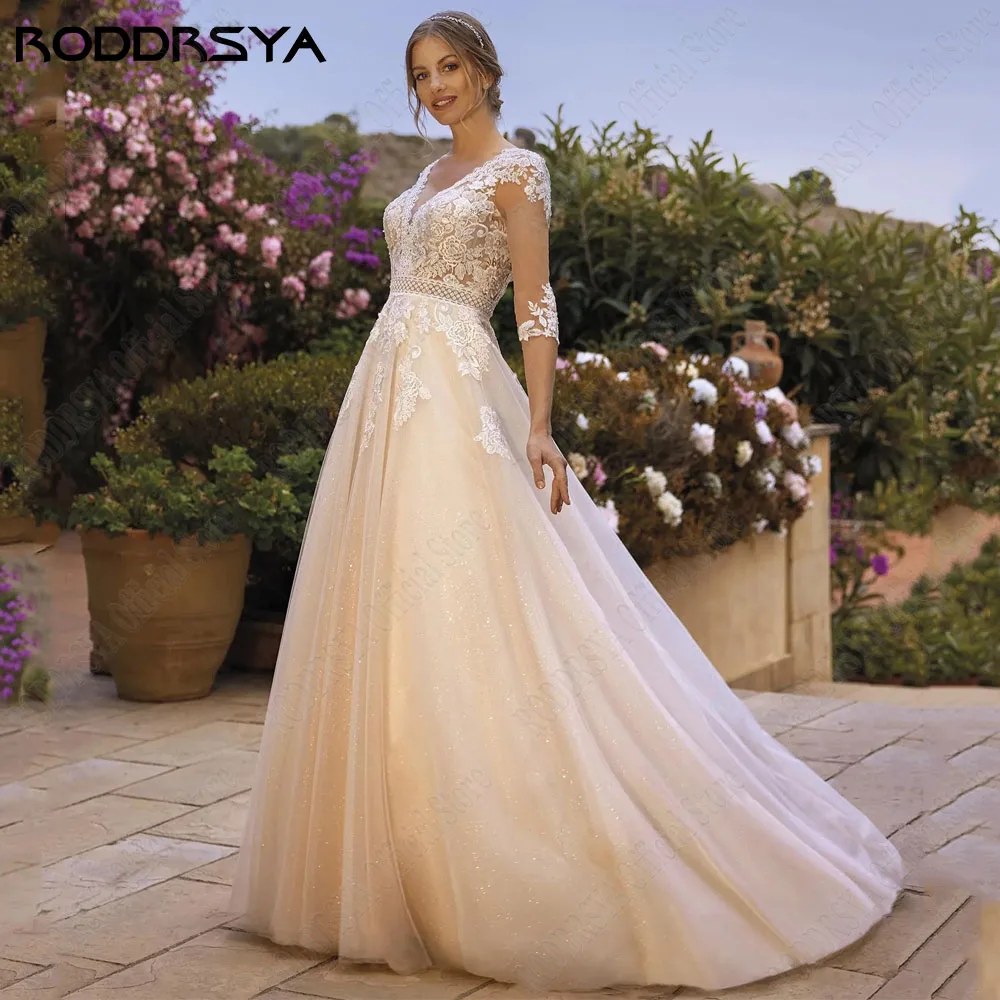 Roddrsya robe de mariée civile en dentelle 2024 dos nu 3 / 4 manches Champagne clair robe de mariée col en V appRODDRSYA-Robe de Mariée en Dentelle Civile, Dos aux, Manches 2024, Champagne Clair, Col en V, Ligne A, 3/4