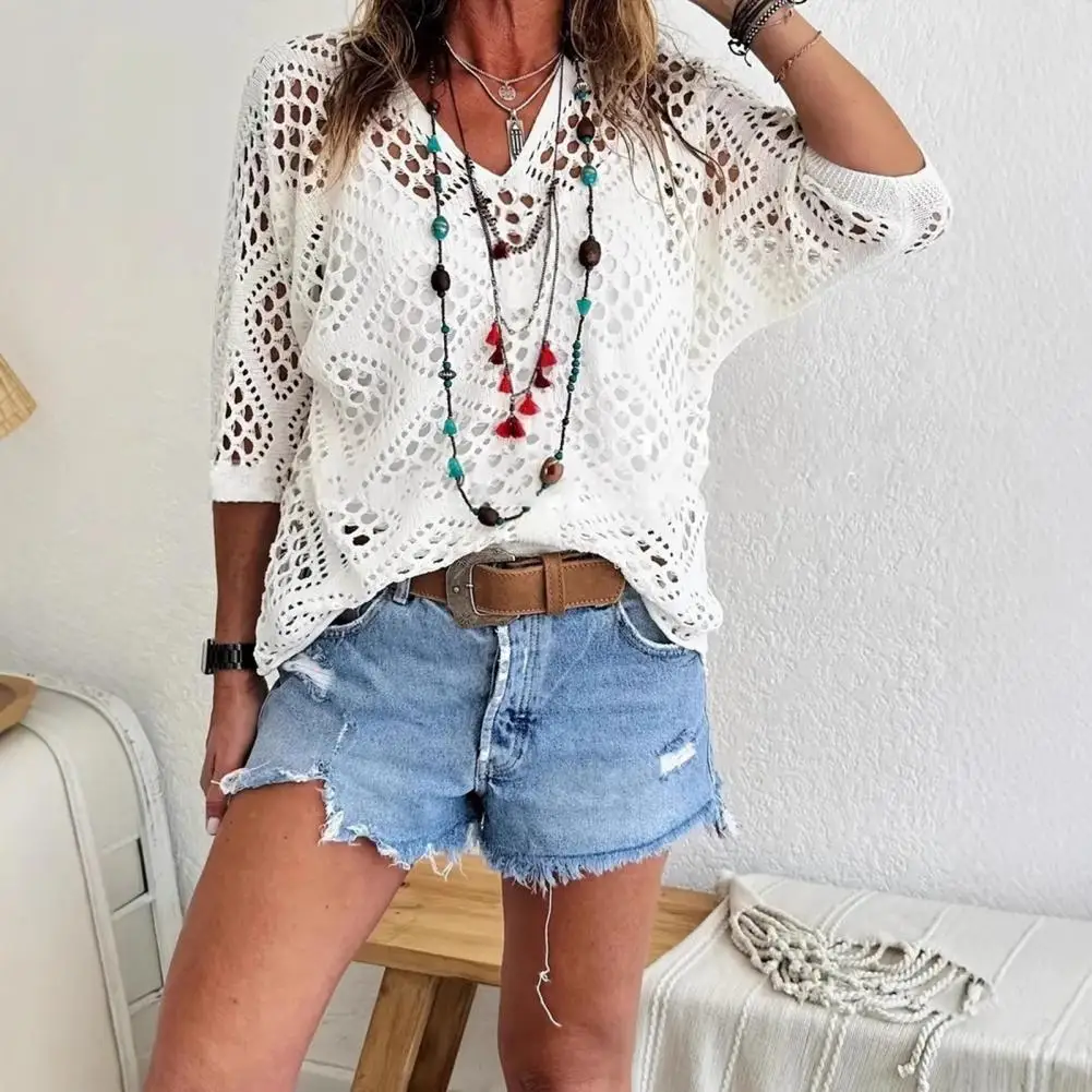 

Bohemian Style Crochet Tops V-Neck Half Sleeve Knitting Cover-up Pure Color Loose Fit Hollow Beach Cover Up Women Summer Tops