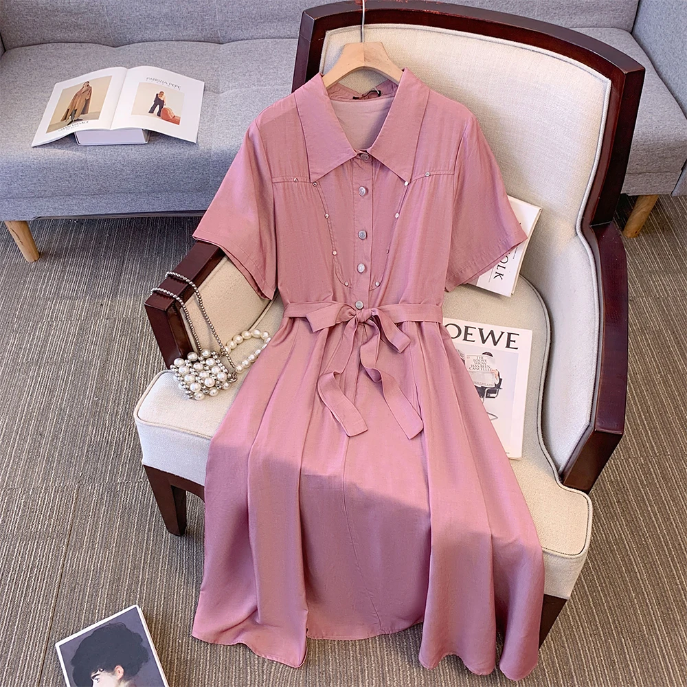 Plus-size Women's summer casual commute loose comfortable cotton dress temperament pink lace-up lapel short-sleeved dress large