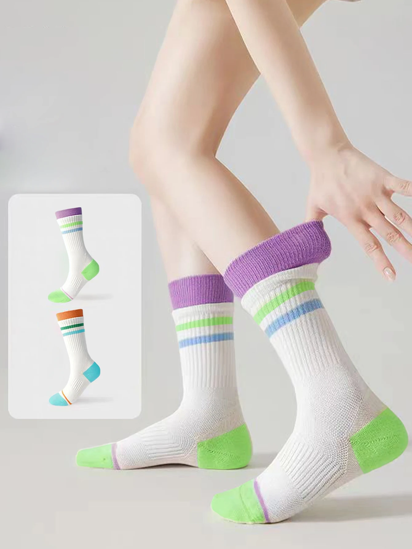 

New Women's Socks Retro-Chic Double-Layer Cotton Mid-Calf Socks Color-Block Striped Athletic Socks