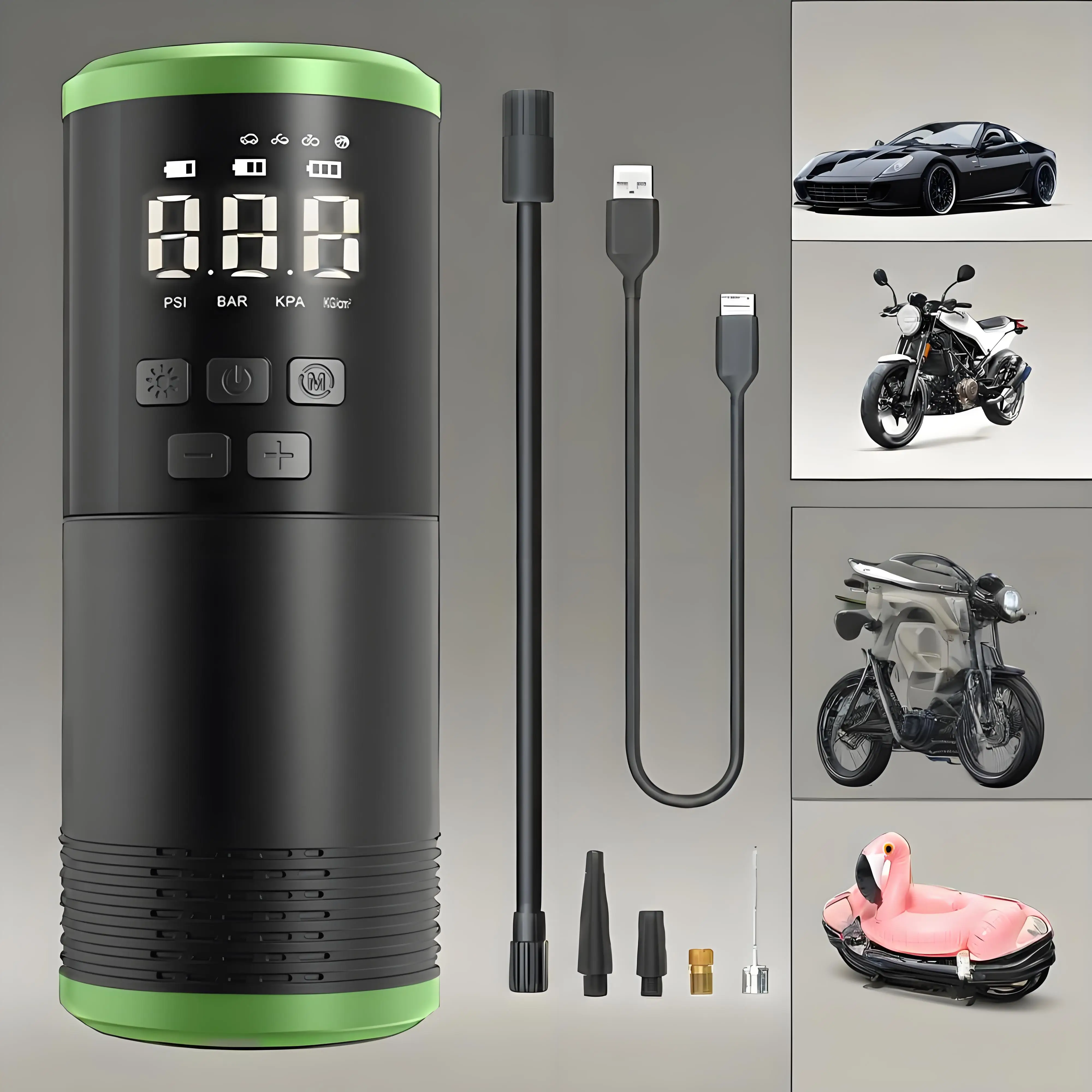 

Умный беспроводной насос для накачивания шин 150PSI со светодиодной подсветкой — автоматическая остановка для накачивания, универсальный для мотоциклов, автомобилей и велосипедов